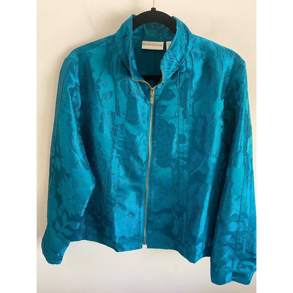 Drapers & Damons Womens Teal Blue Floral‎ Jacquard Zip Front Mock Neck Jacket L